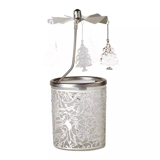 Въртящ се свещник от стъкло и метал с елхички