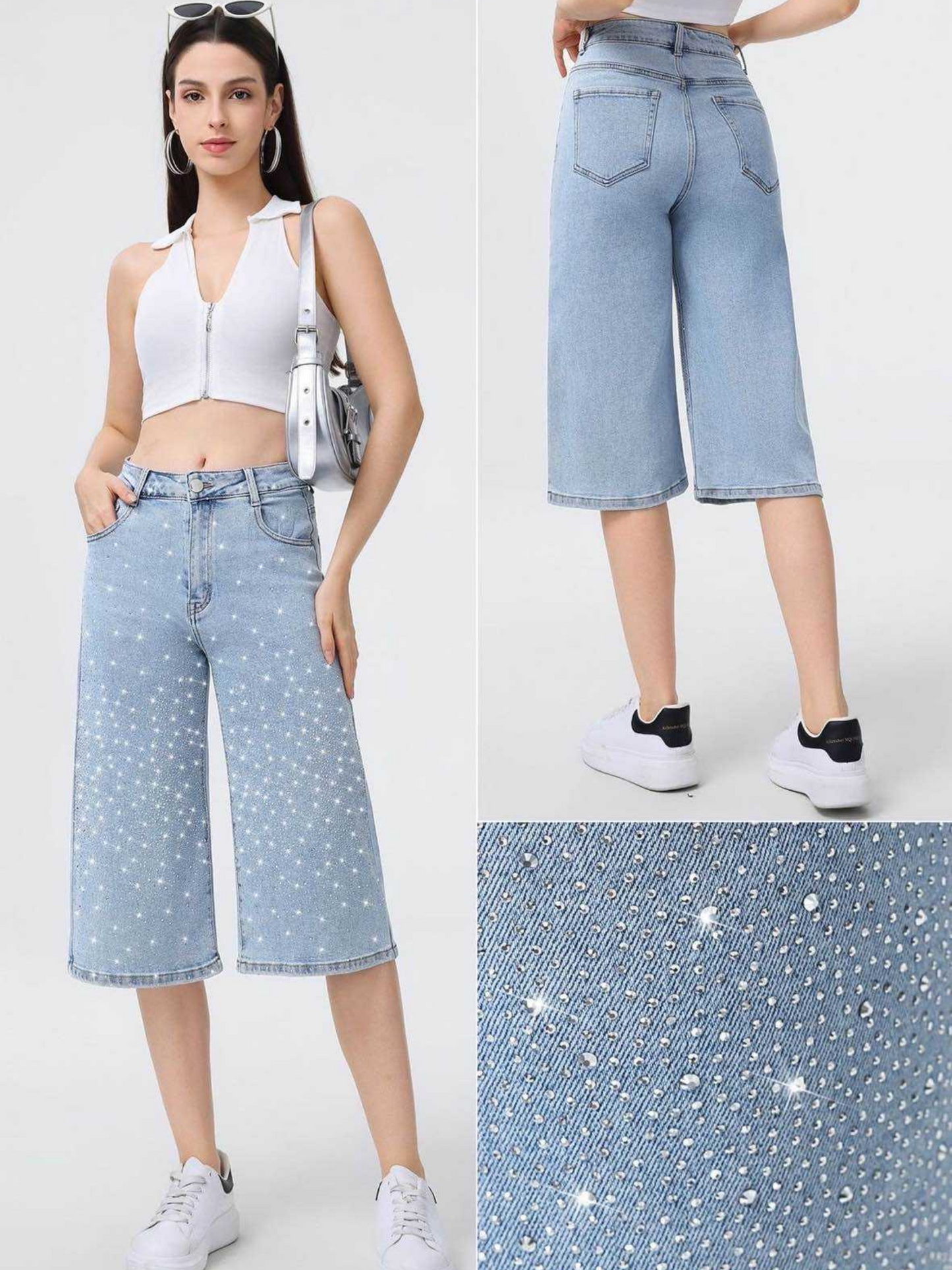 Дънки 3/4 с камъни