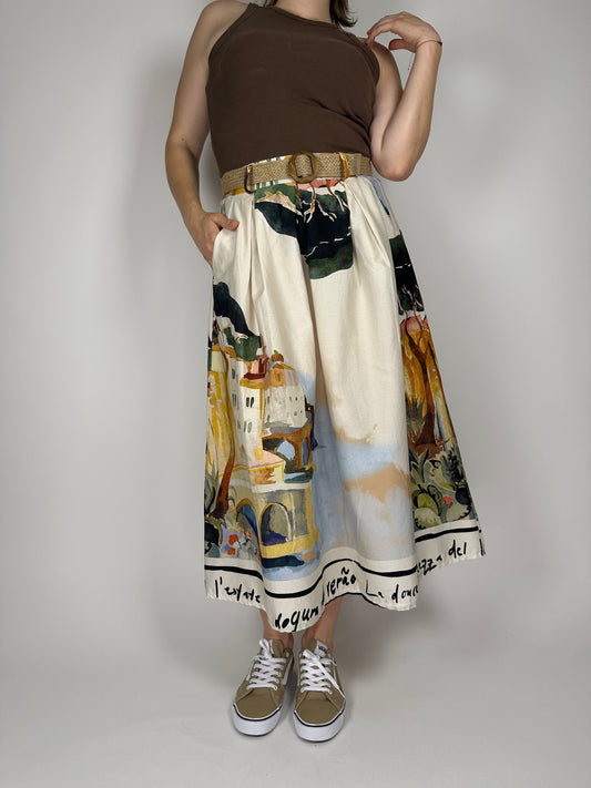 Дълга памучна пола с колан – разкроена кройка и цветен десен