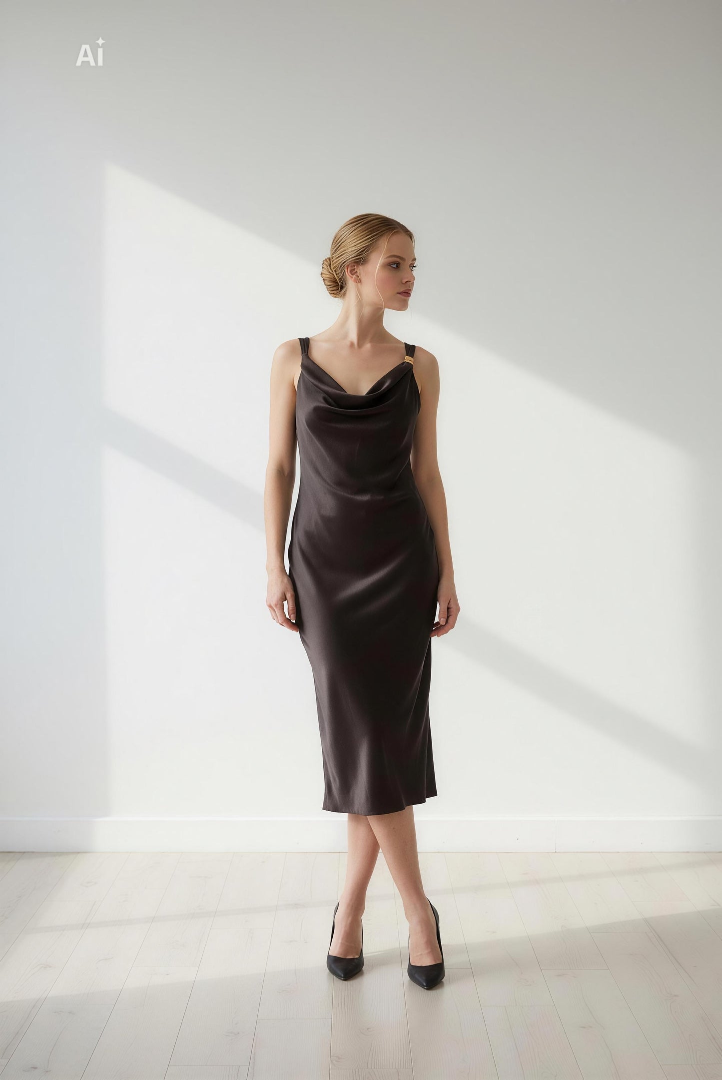 Бутикова рокля със сатенен финиш и елегантно падащо деколте,