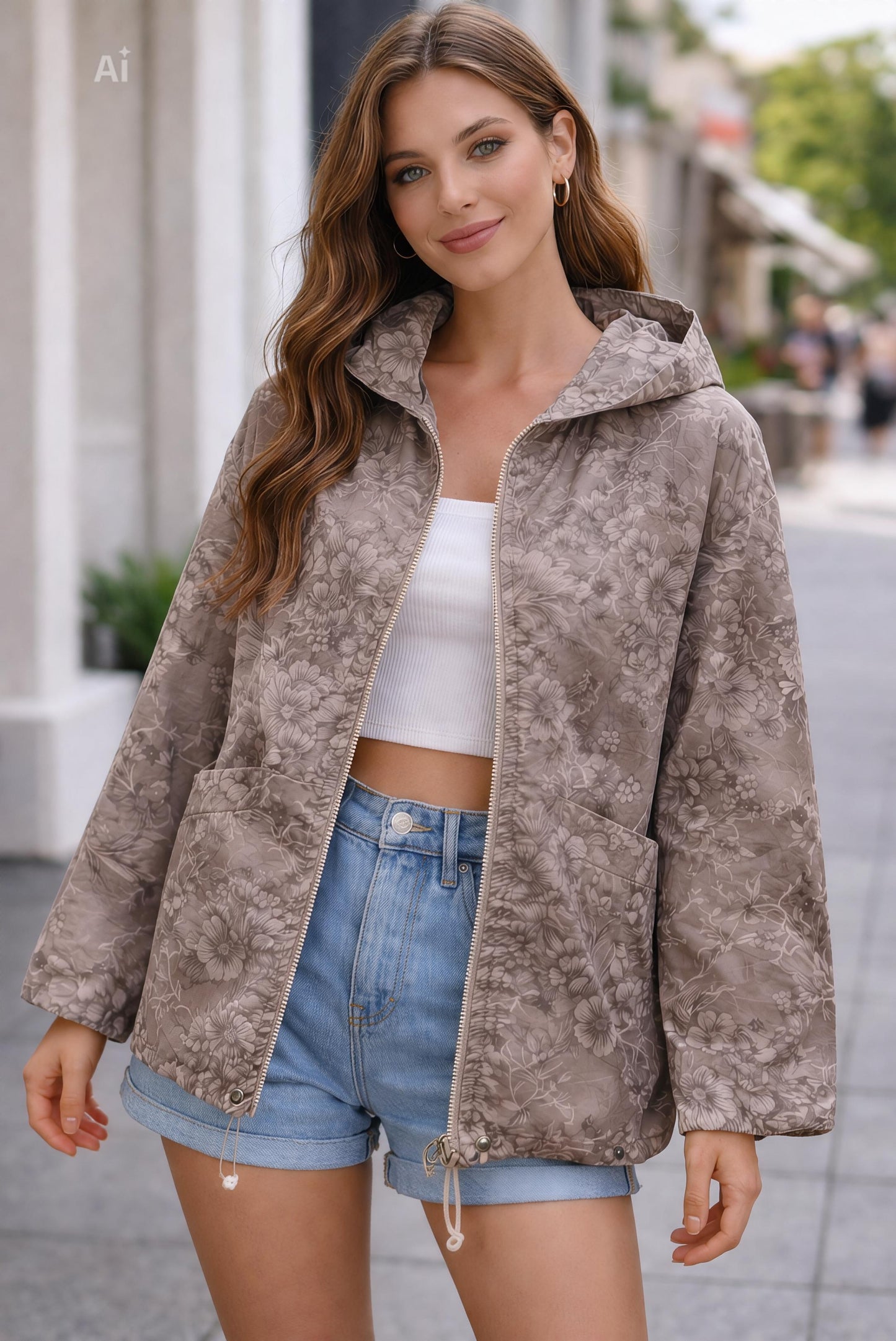 Леко и стилно яке със свободна кройка и нежен флорален принт,