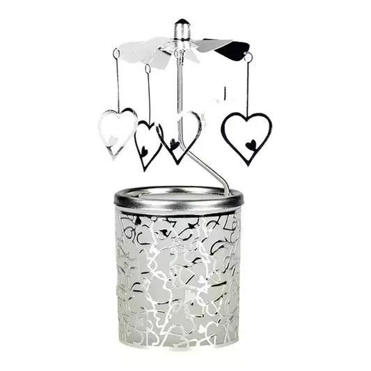 Въртящ се свещник от стъкло и метал със сърца