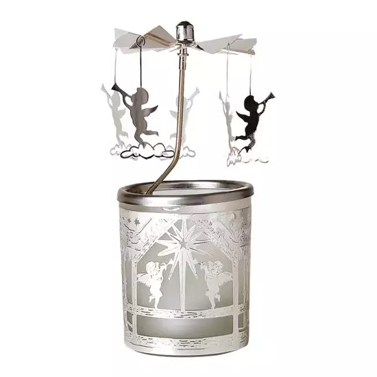 Въртящ се свещник от стъкло и метал с ангели с тромпети