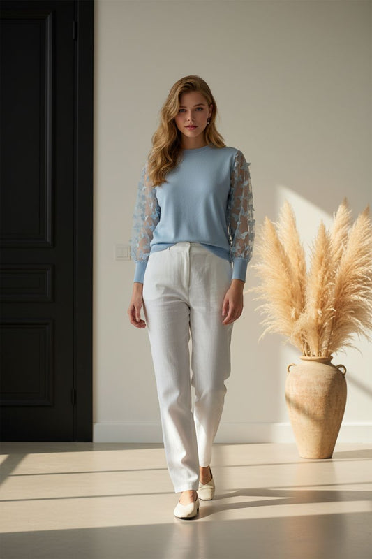Стилна блуза от финно плетиво с шифонен ръкав с пеперуди