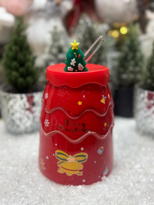 Подарък-зелена чаена чаша със стъклена сламка и коледни мотиви