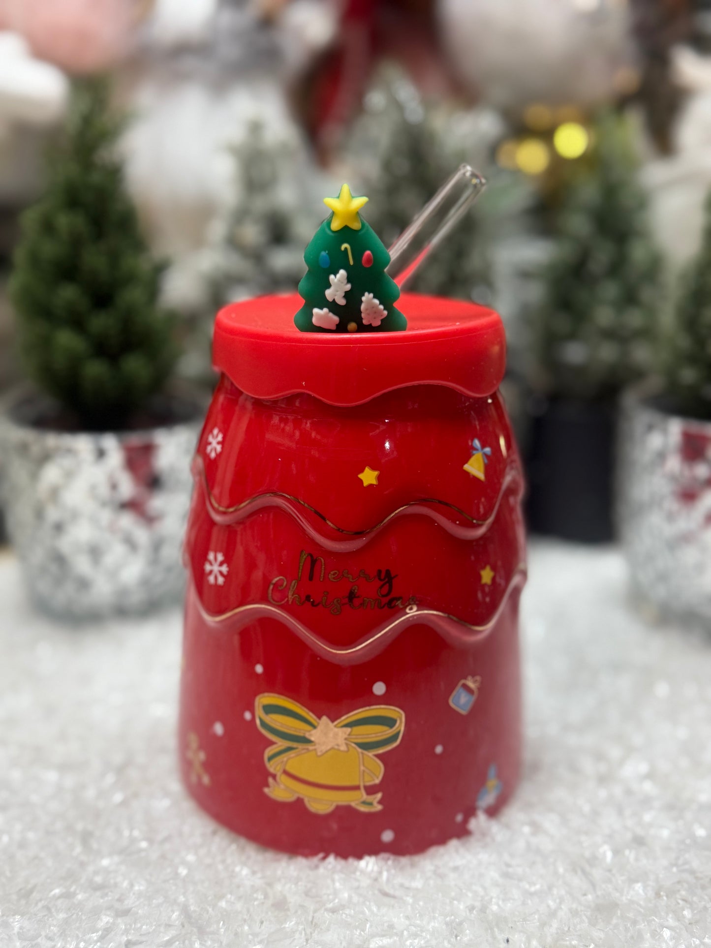 Подарък-розова чаена чаша със стъклена сламка и коледни мотиви