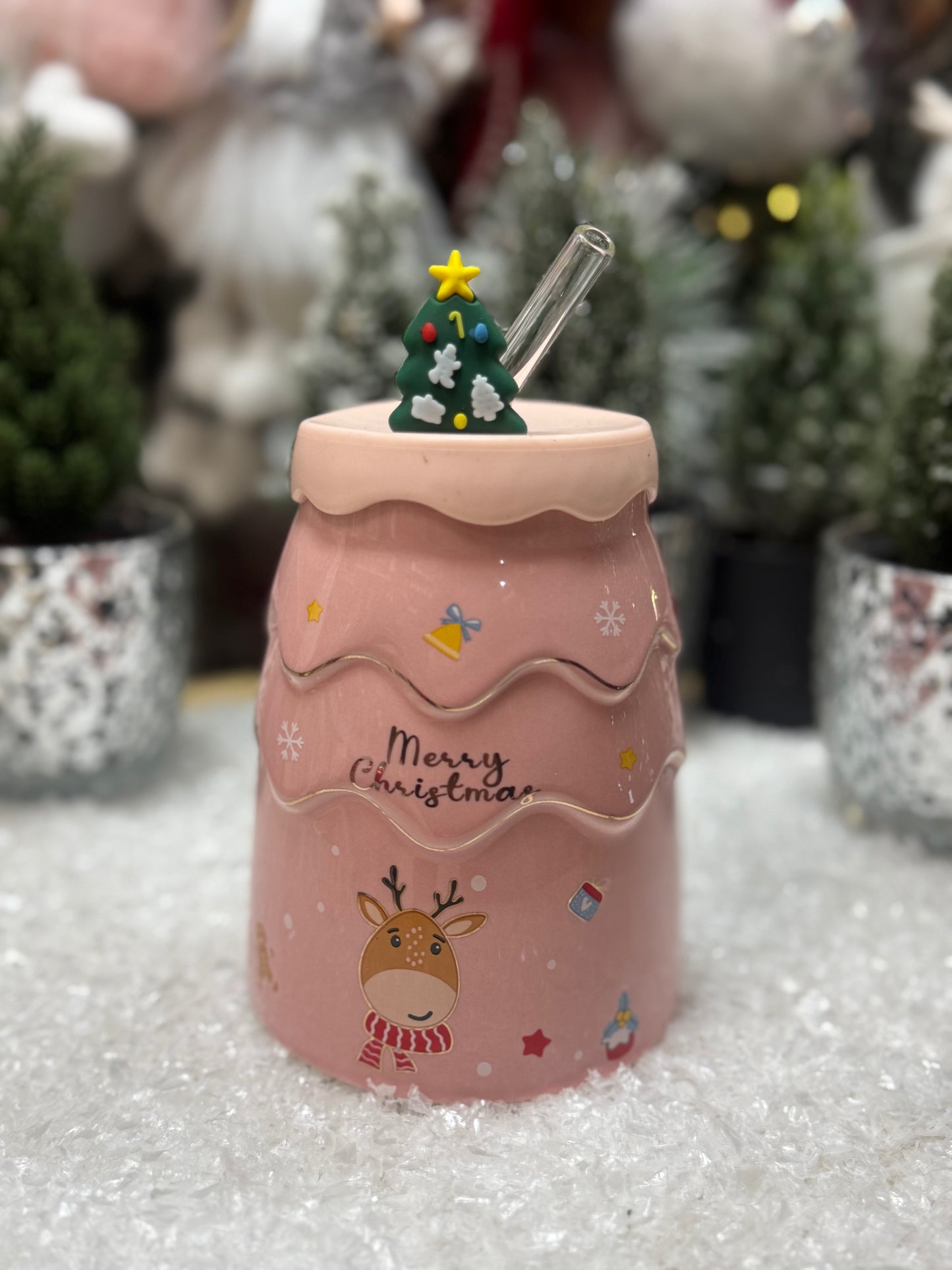 Подарък-розова чаена чаша със стъклена сламка и коледни мотиви