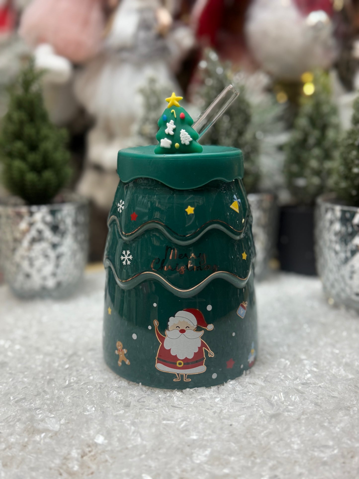 Подарък-розова чаена чаша със стъклена сламка и коледни мотиви