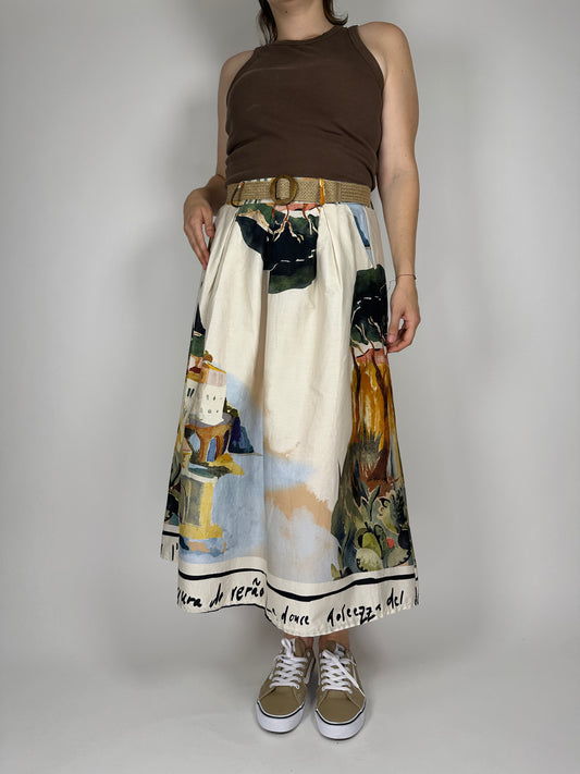 Дълга памучна пола с колан – разкроена кройка и цветен десен