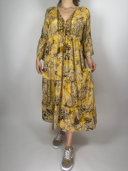 Индийска дълга рокля от поли-коприна с ластик под бюста и 7/8 ръкав – флорален десен