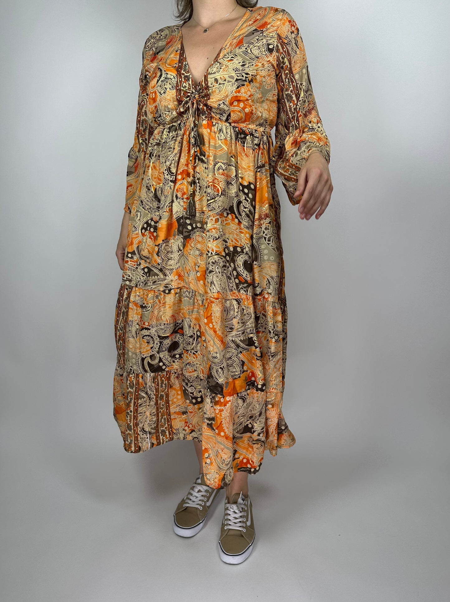 Индийска дълга рокля от поли-коприна с ластик под бюста и 7/8 ръкав – флорален десен