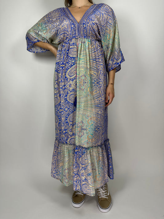 Индийска дълга рокля от поли-коприна с V-деколте, връзка на гърба и 3/4 ръкав – флорален десен