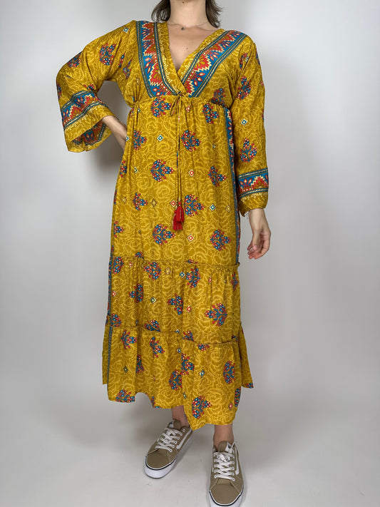 Индийска дълга рокля от поли-коприна с V-деколте, дълъг ръкав и волан – флорална