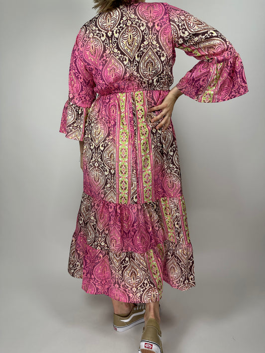 Индийска дълга рокля от поли-коприна с V-деколте, копчета и волан – флорален десен