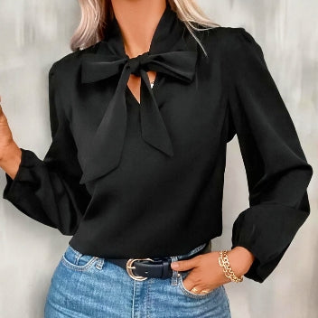 Черна-елегантна дамска риза с панделка