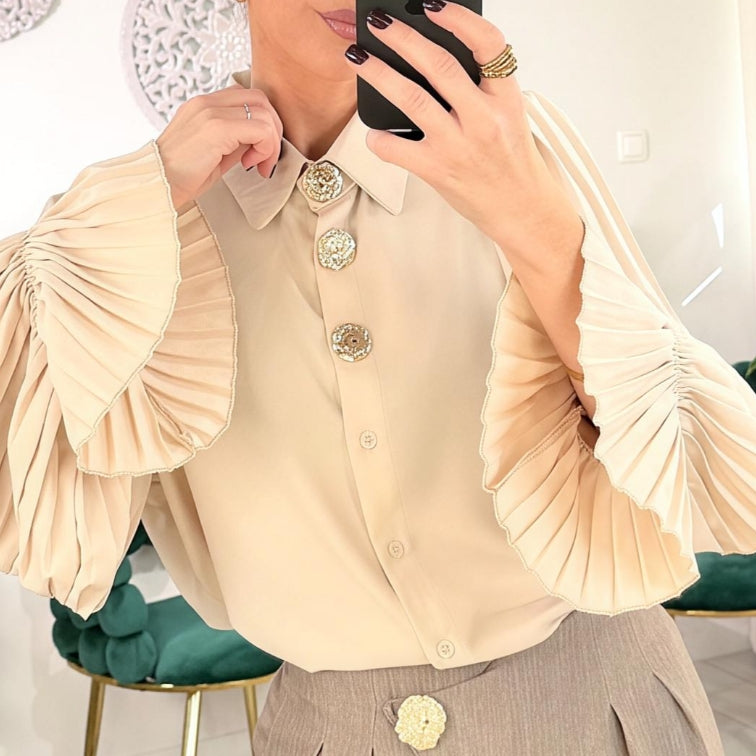 Червена-елегантна дамска риза с широк ръкав-плисе и декоративни копчета