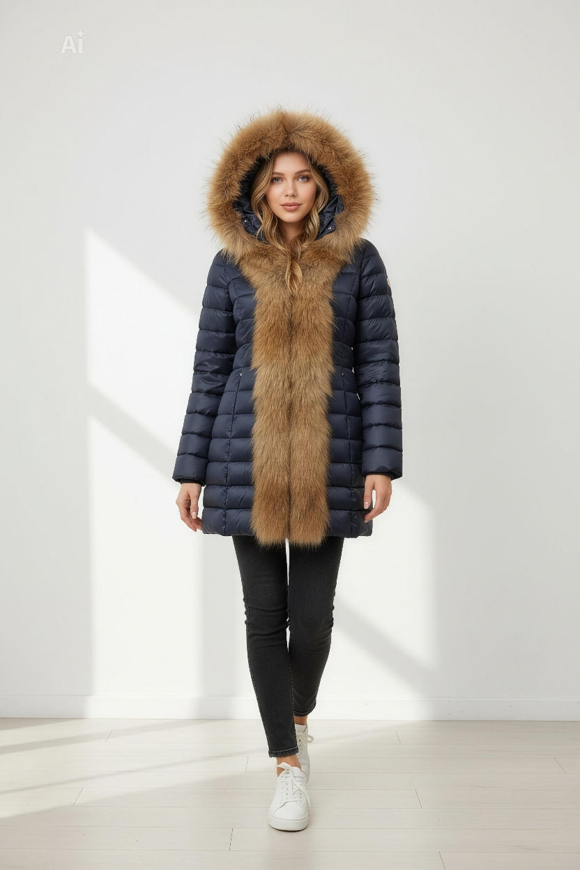 Елегантно зимно яке с качулка  и естествен косъм