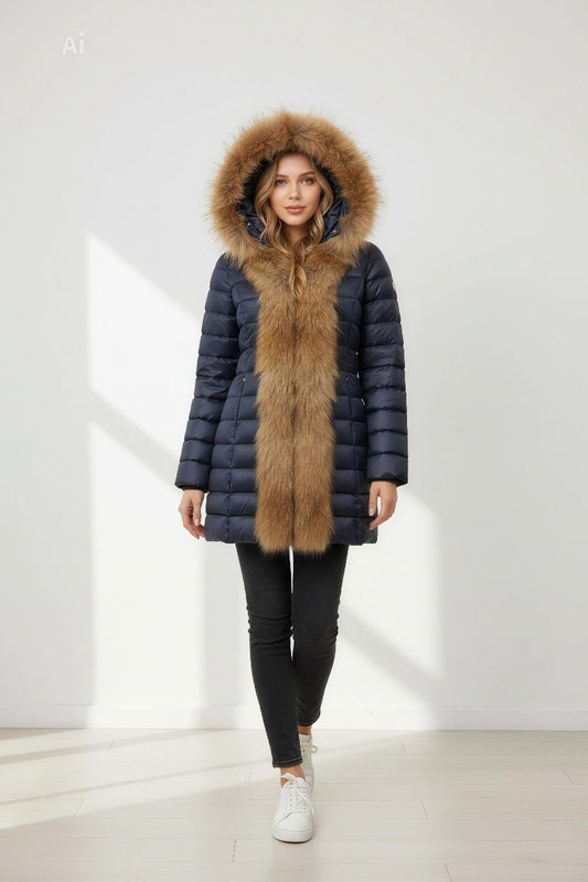 Елегантно зимно яке с качулка  и естествен косъм