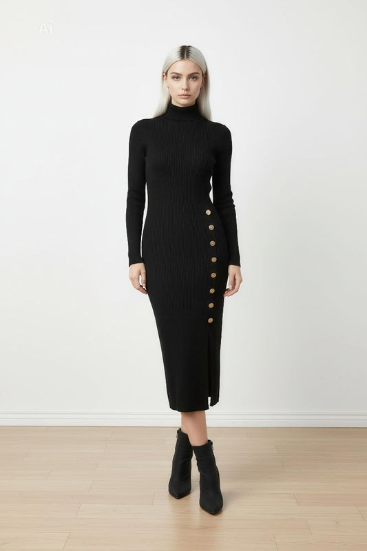 Елегантна плетена рокля с дълъг ръкав и поло яка