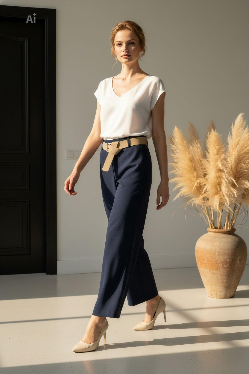 Елегантен дамски панталон с права, свободна линия и колан