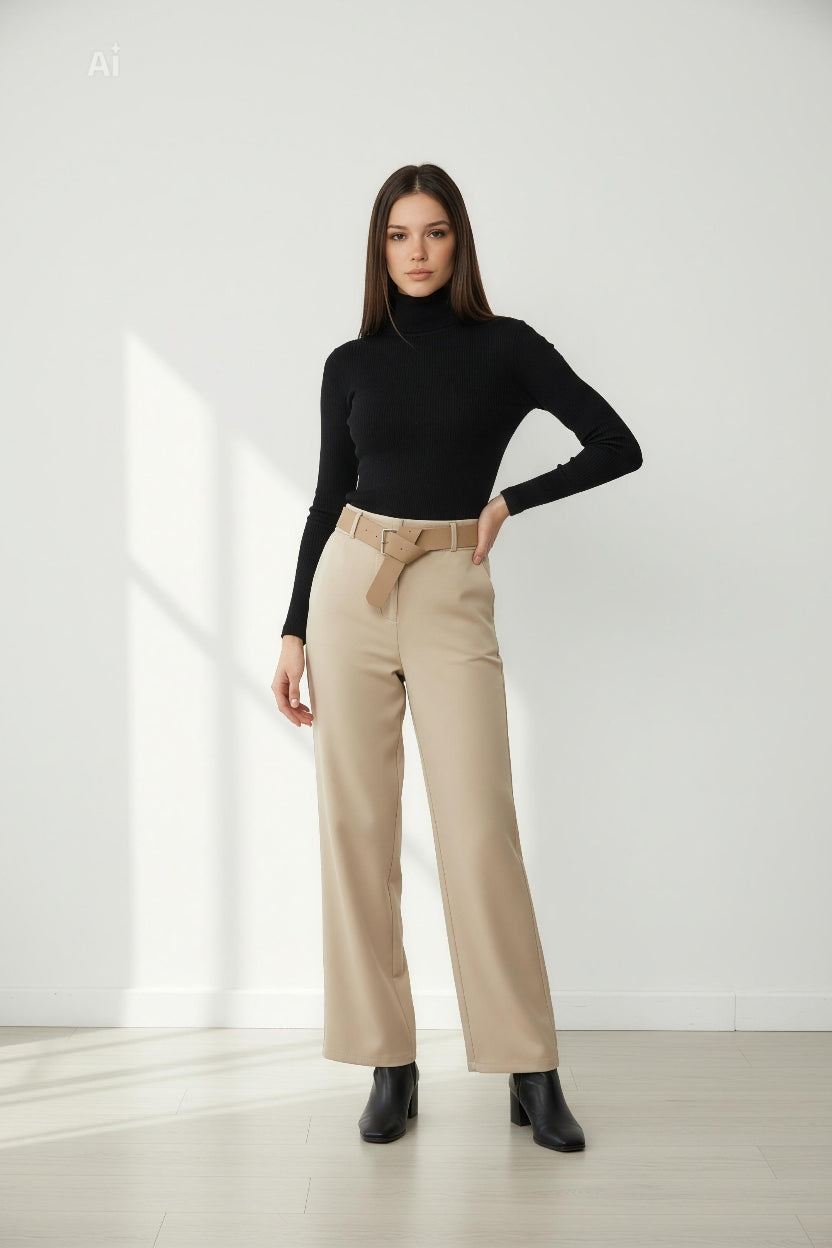 Елегантен дамски панталон с права, свободна линия и колан