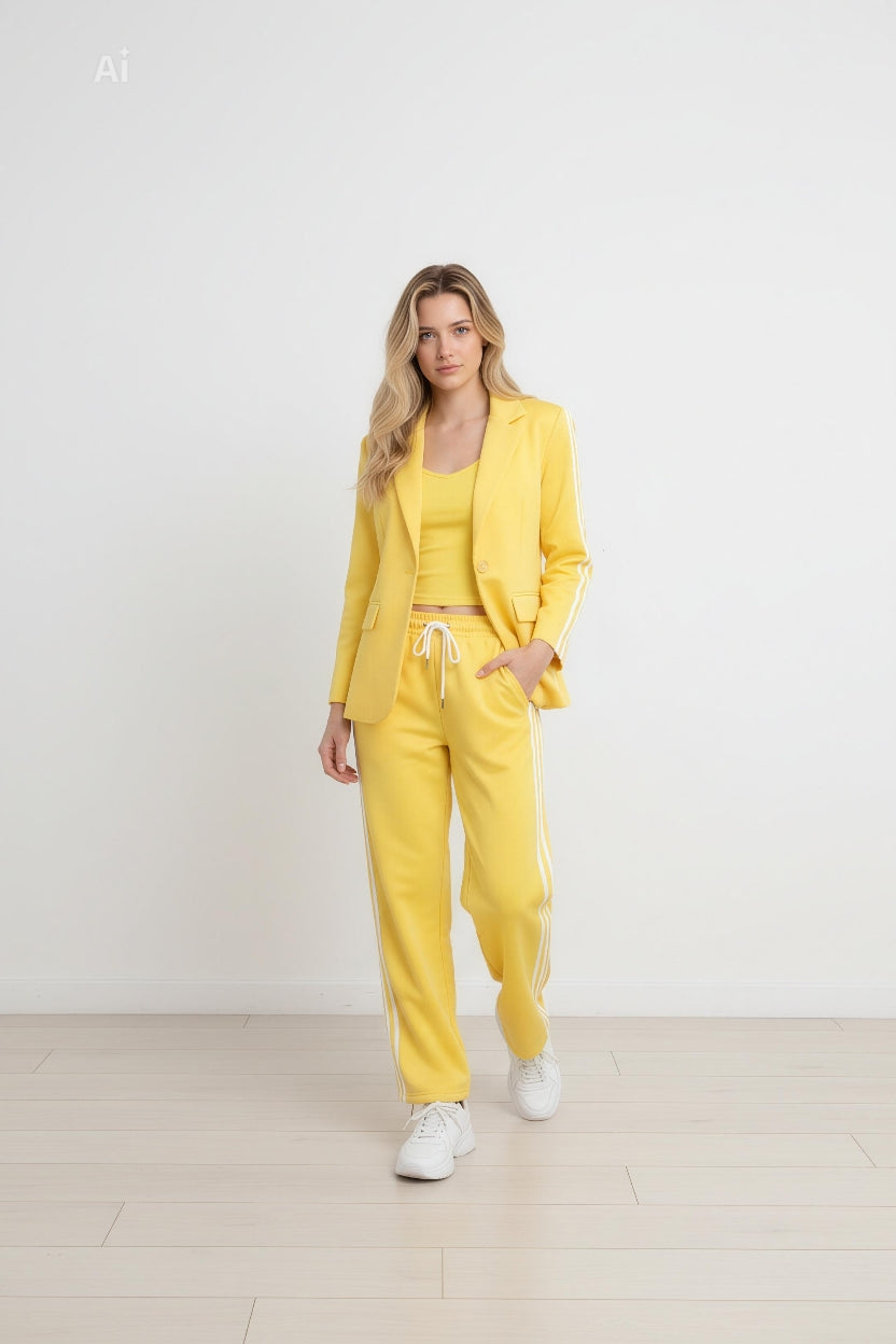 Изискан комплект от сако и панталон, съчетаващ елегантност и модерен спортен акцент