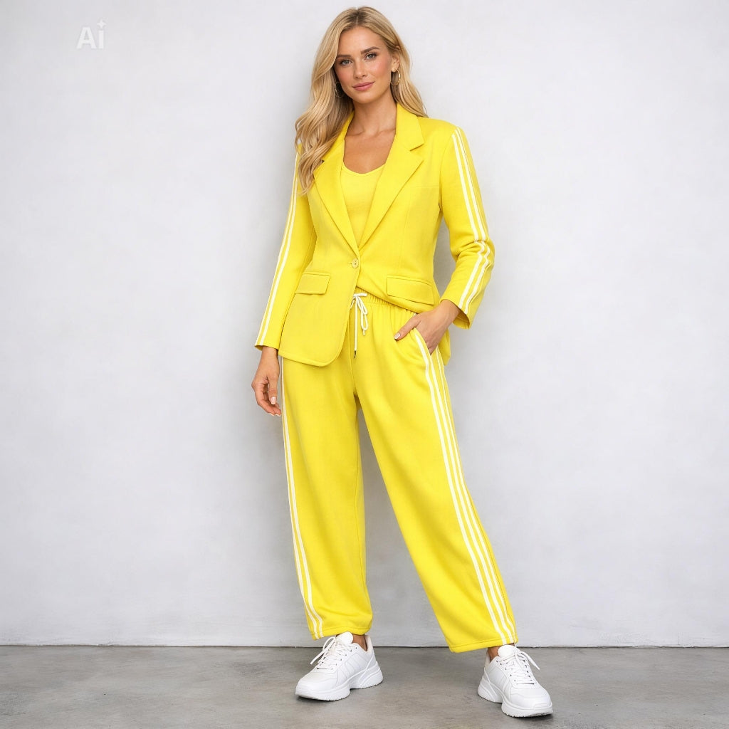 Изискан комплект от сако и панталон, съчетаващ елегантност и модерен спортен акцент