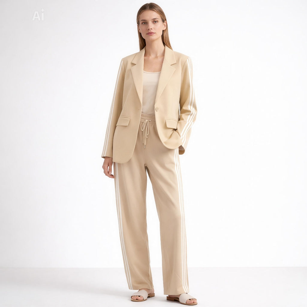 Изискан комплект от сако и панталон, съчетаващ елегантност и модерен спортен акцент