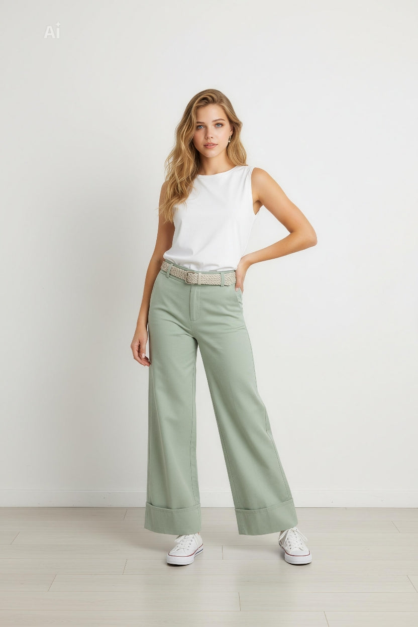 Свободен панталон с модерна широка кройка и подгънат широк маншет