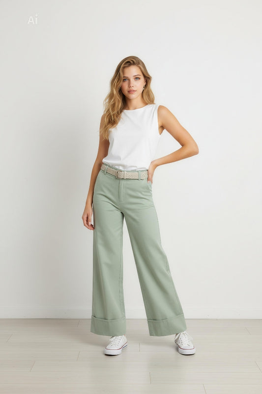 Свободен панталон с модерна широка кройка и подгънат широк маншет