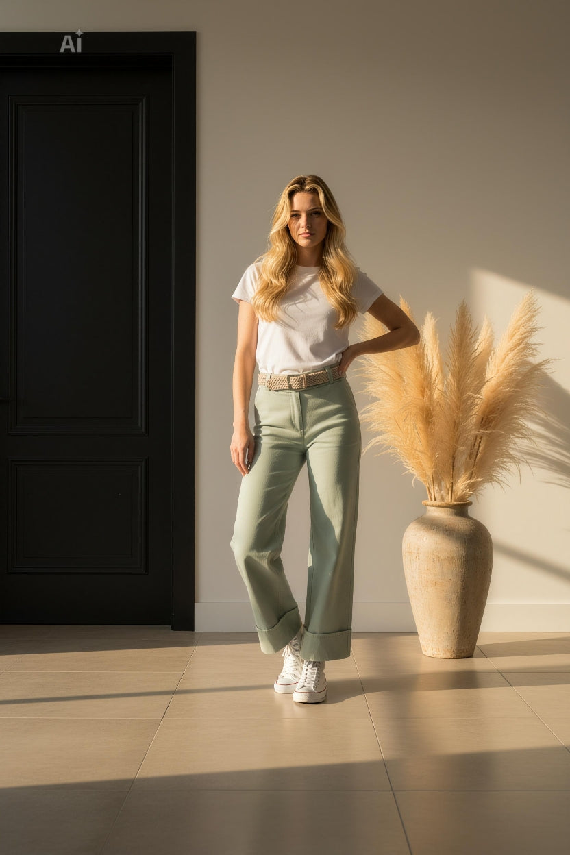 Свободен панталон с модерна широка кройка и подгънат широк маншет