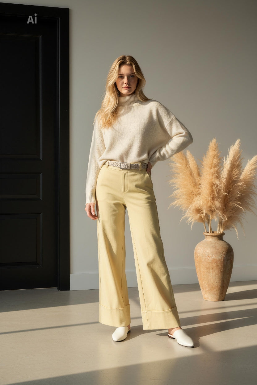 Свободен панталон с модерна широка кройка и подгънат широк маншет