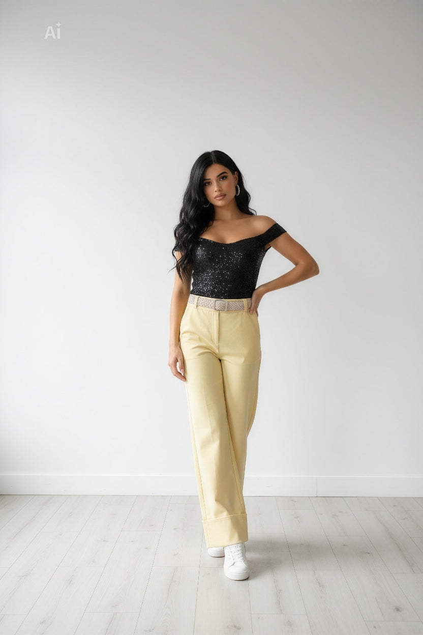 Свободен панталон с модерна широка кройка и подгънат широк маншет