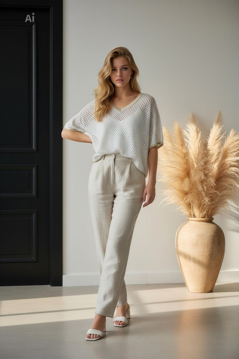 Стилна дамска блуза с ефектна мрежеста текстура и модерно V-образно деколте с контрастен кант