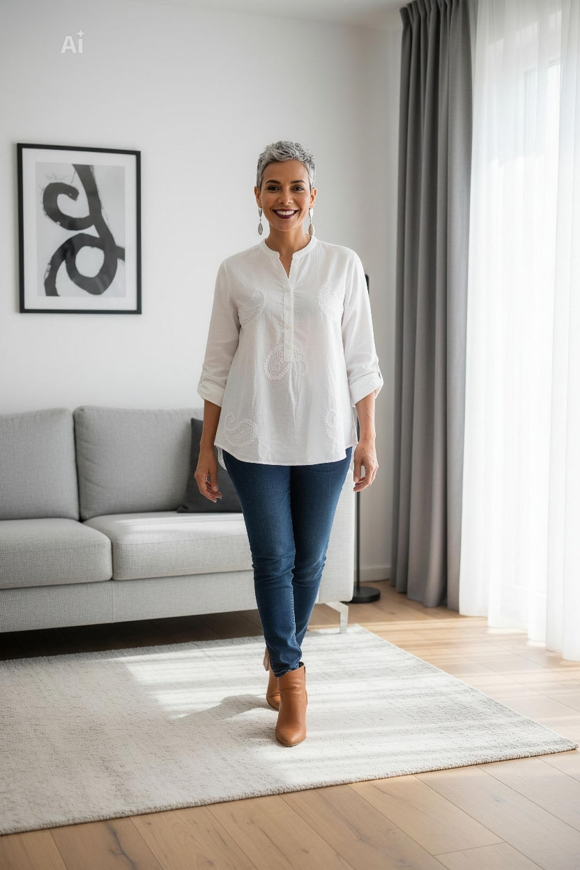 Елегантна бяла риза със свободна кройка и фино релефни бродерии