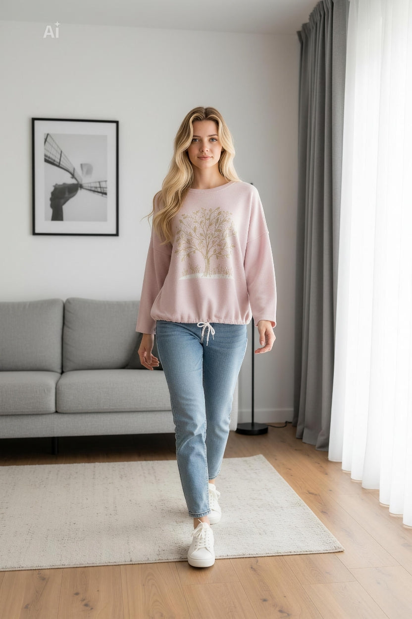 Стилна дамска блуза със свободна кройка, с дълъг ръкав и с дървото на живота