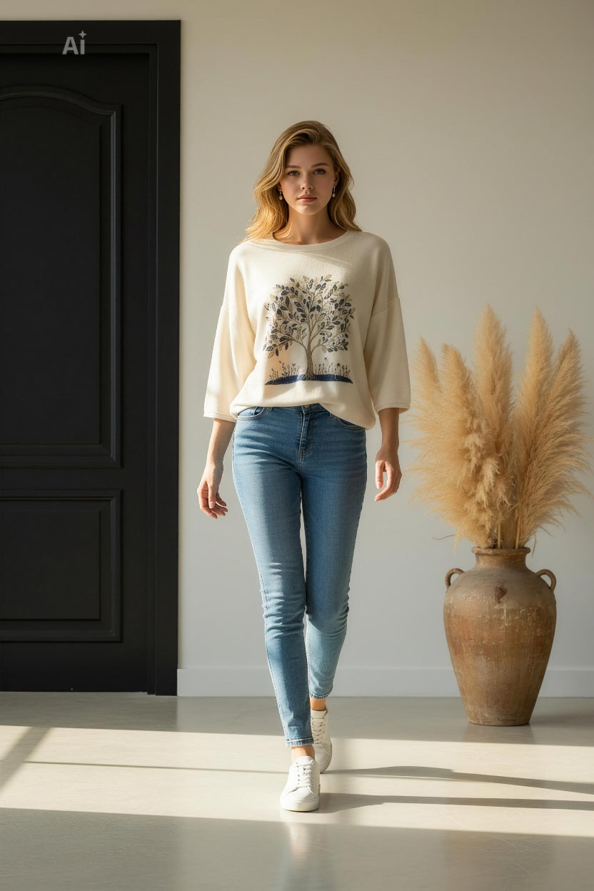 Стилна дамска блуза със свободна кройка, с дълъг ръкав и с дървото на живота