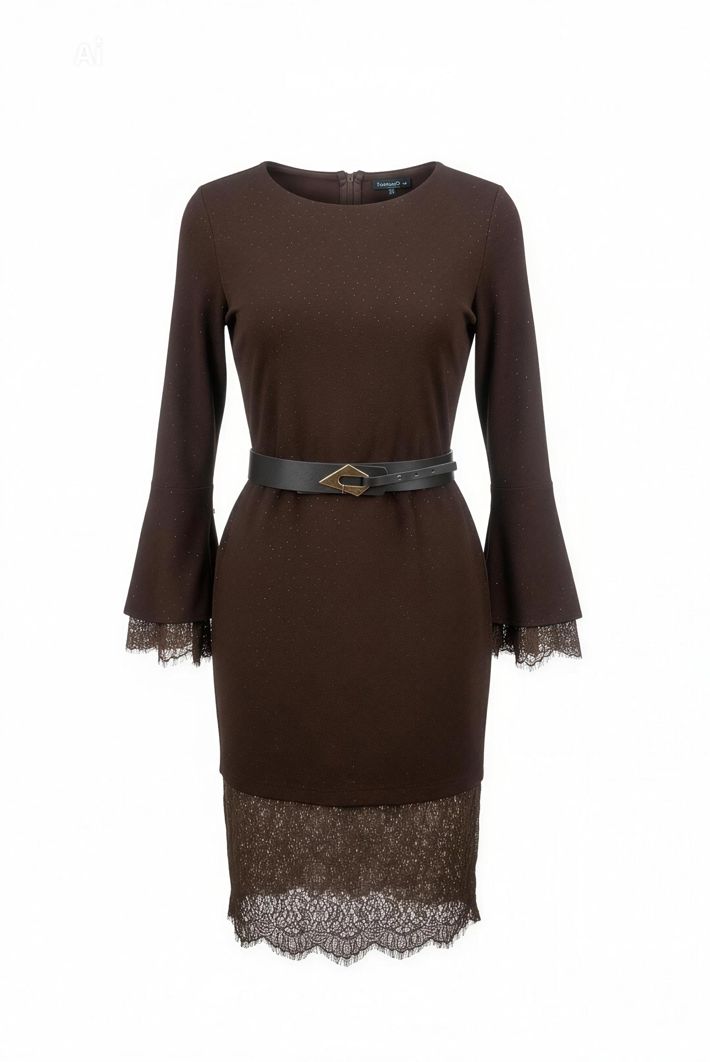 Елегантна рокля в кафяв цвят с изчистен силует и дълги разкроени ръкави.