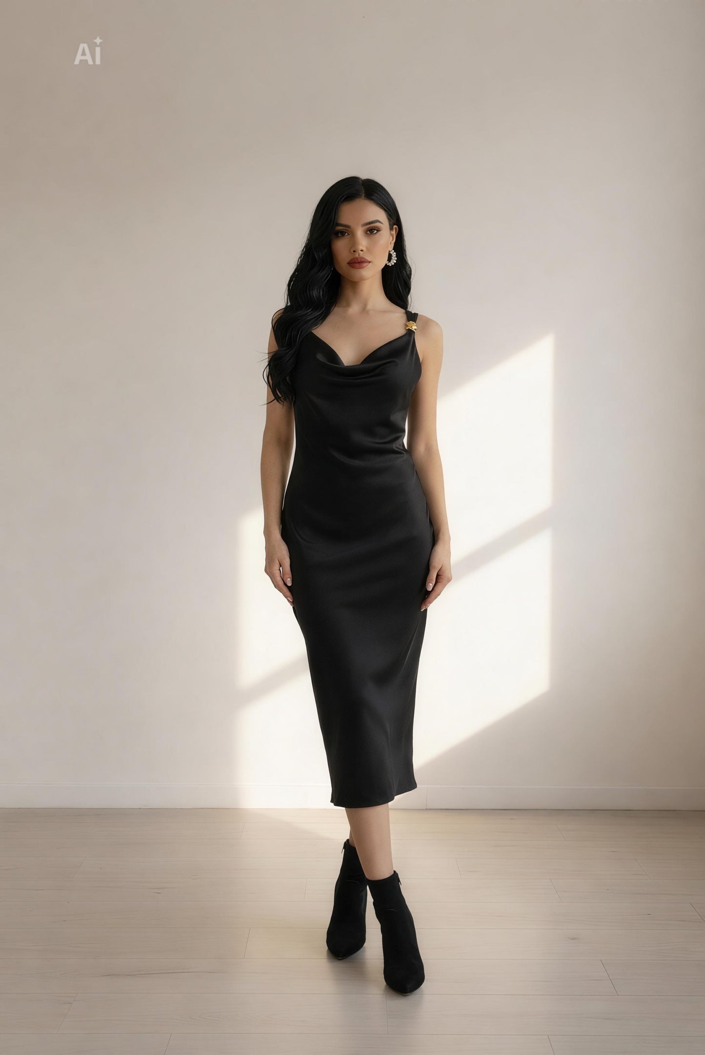 Бутикова рокля със сатенен финиш и елегантно падащо деколте,