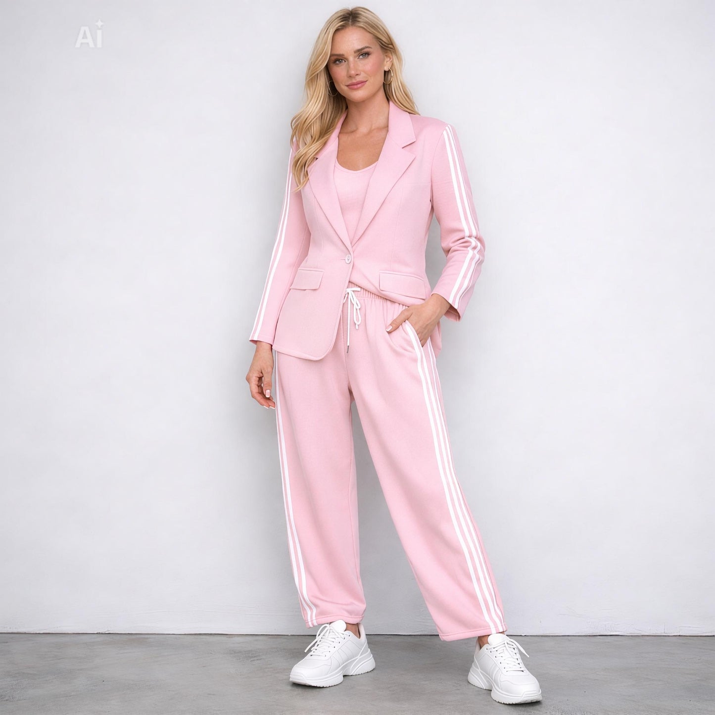 Изискан комплект от сако и панталон, съчетаващ елегантност и модерен спортен акцент