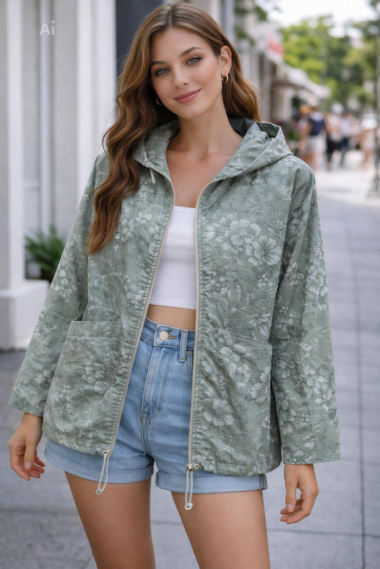 Леко и стилно яке със свободна кройка и нежен флорален принт,