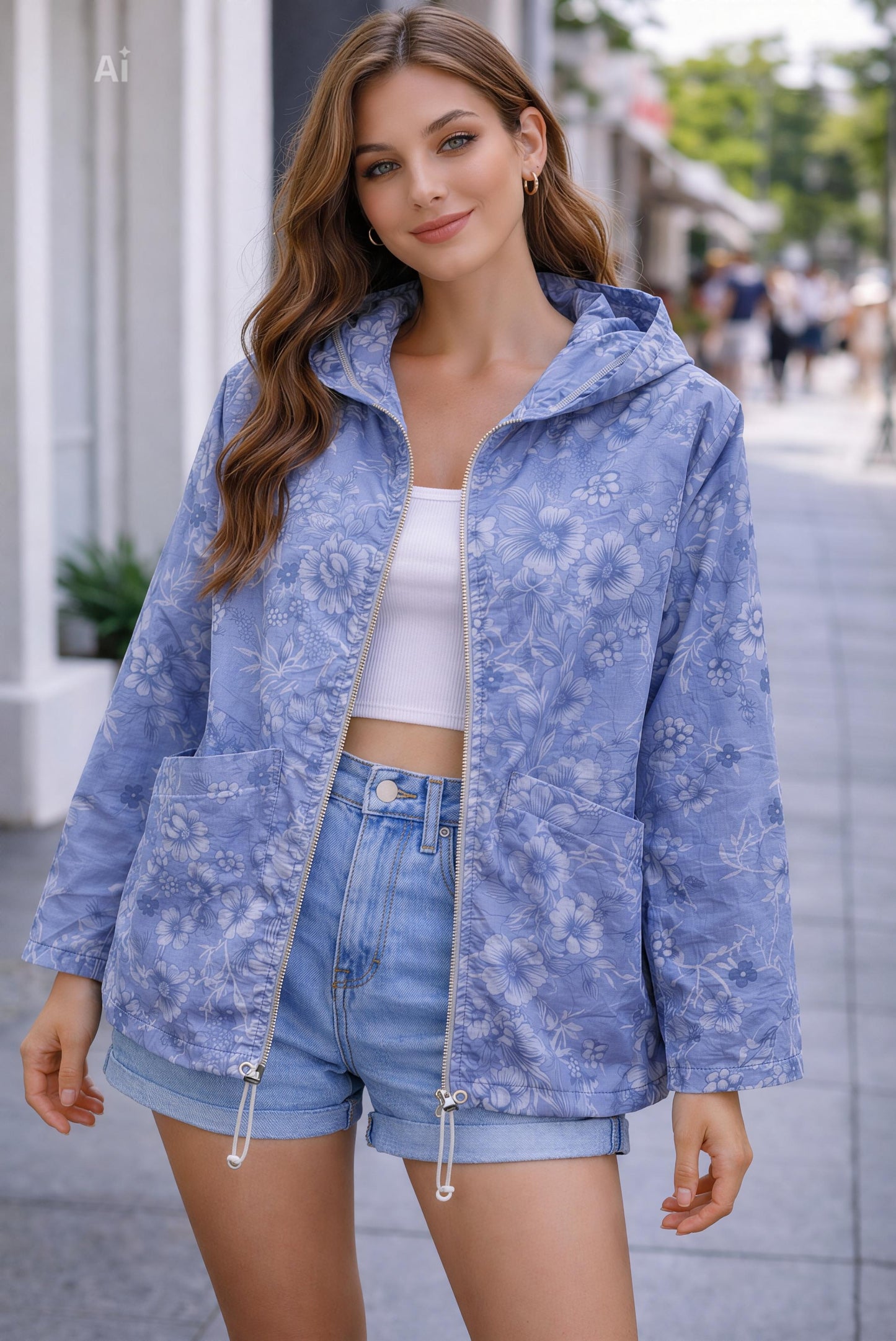 Леко и стилно яке със свободна кройка и нежен флорален принт,