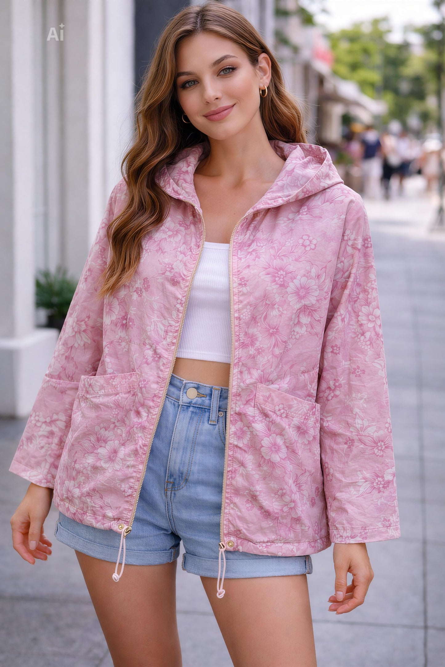 Леко и стилно яке със свободна кройка и нежен флорален принт,