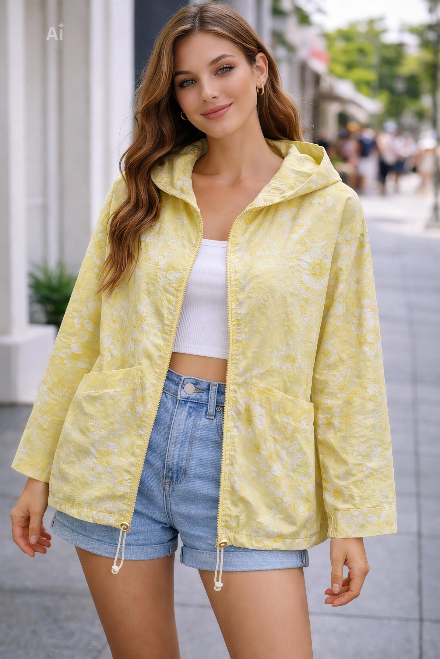 Леко и стилно яке със свободна кройка и нежен флорален принт,