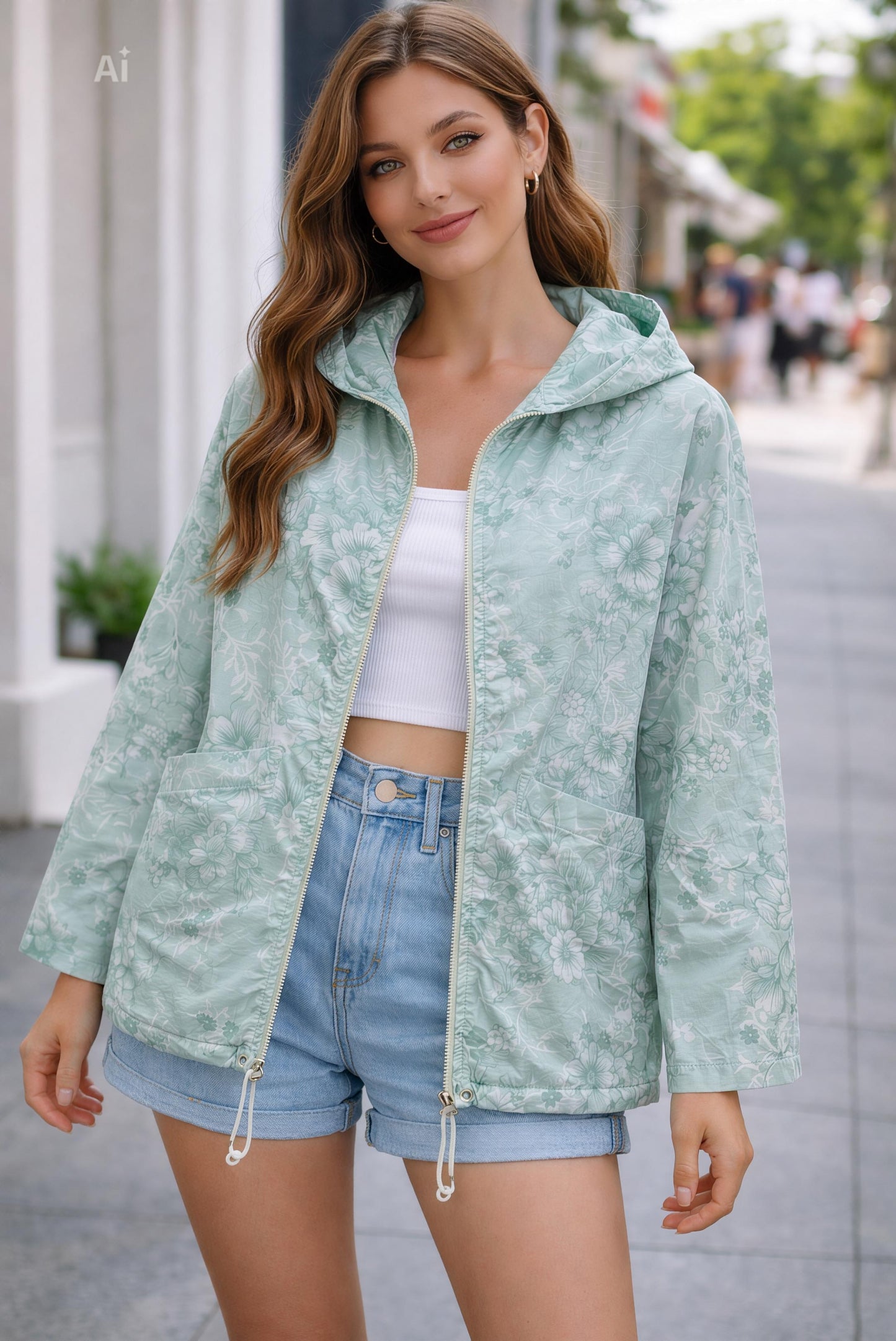 Леко и стилно яке със свободна кройка и нежен флорален принт,