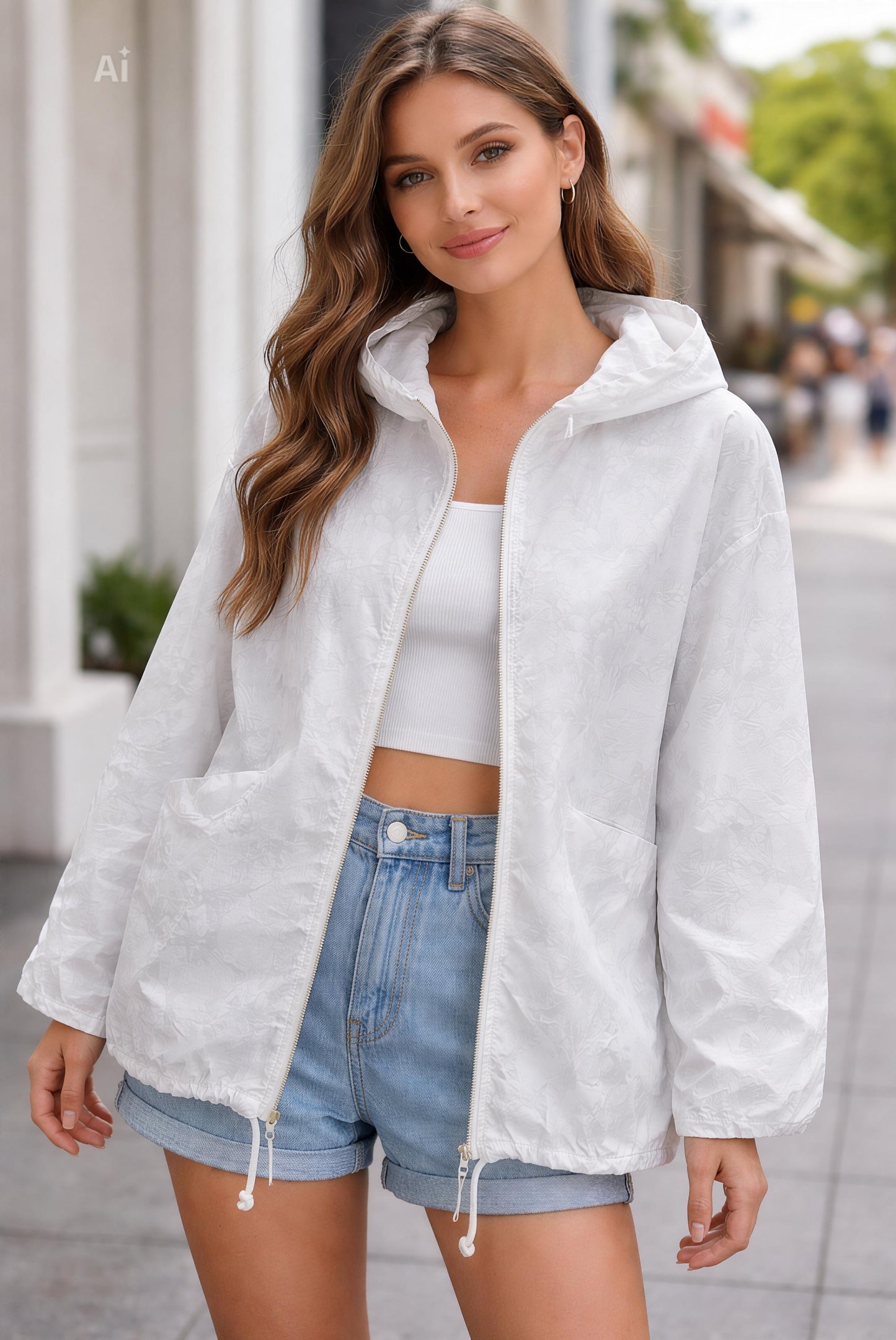 Леко и стилно яке със свободна кройка и нежен флорален принт,