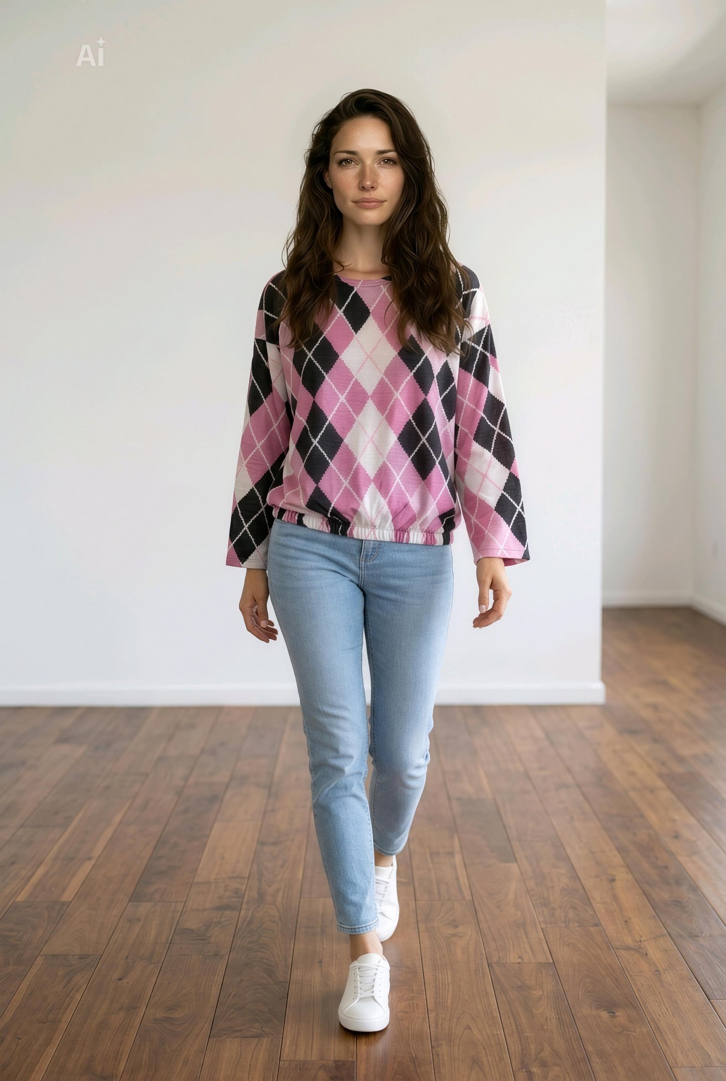 Свободна блуза с модерен геометричен принт и ластик в талията