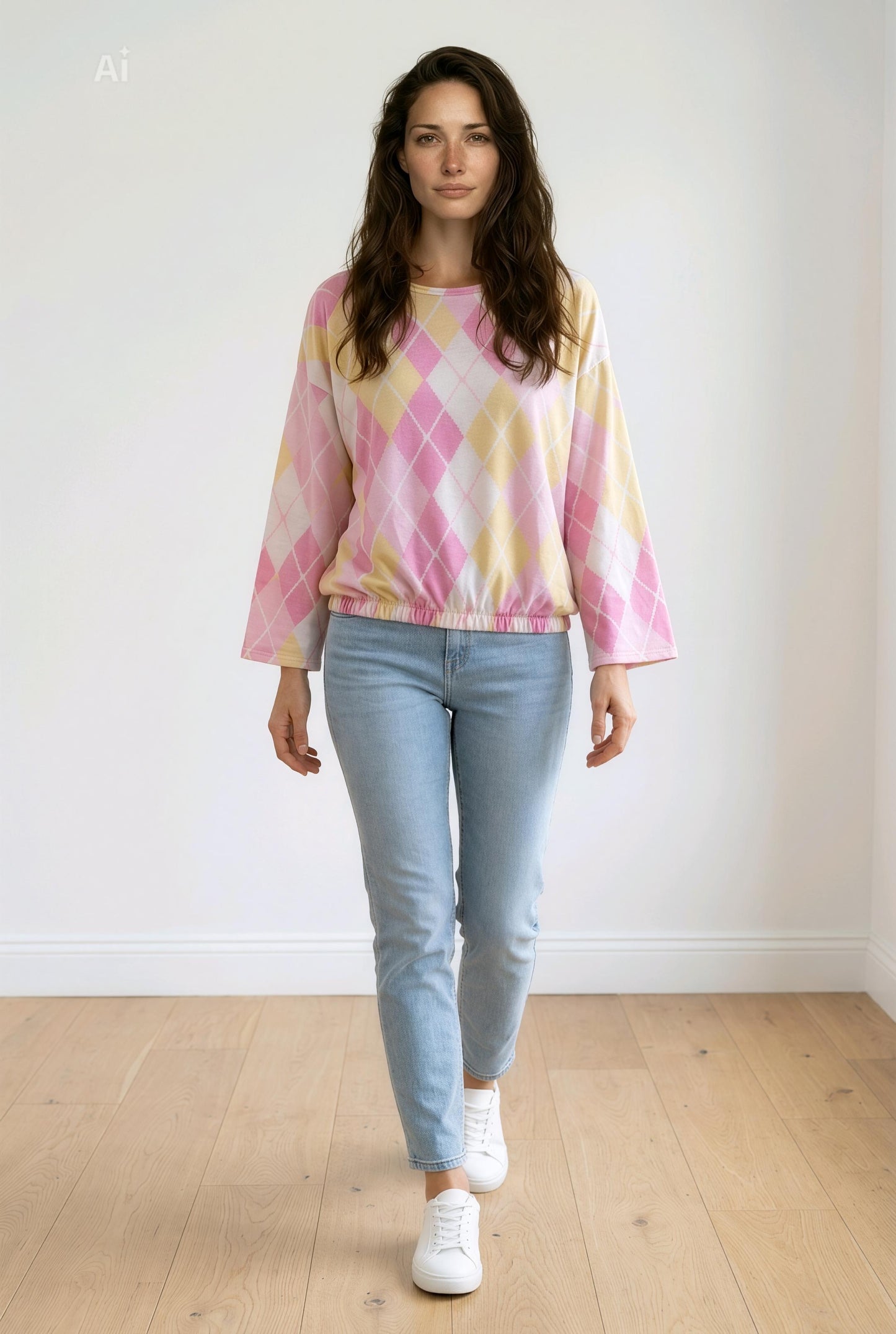 Свободна блуза с модерен геометричен принт и ластик в талията