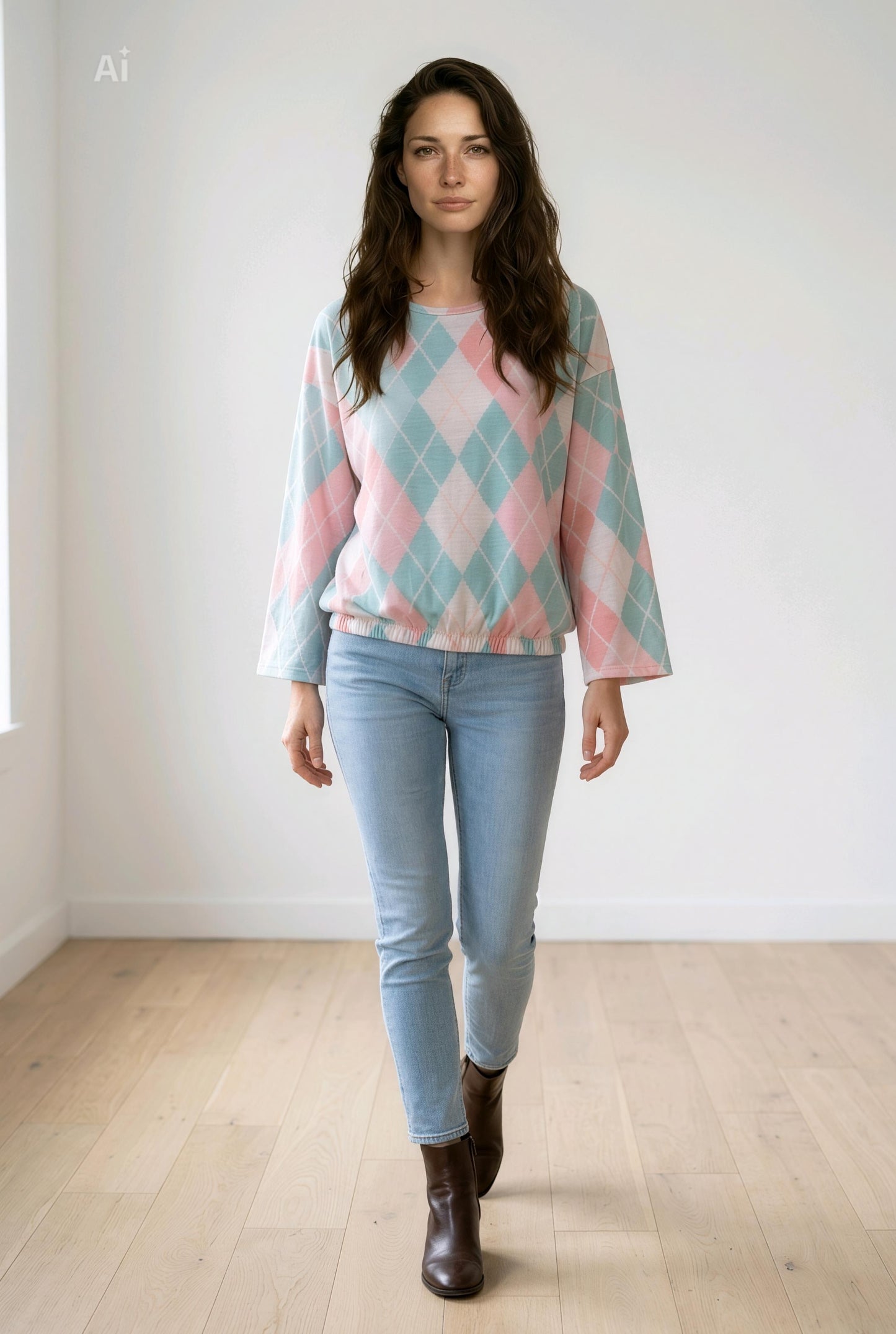 Свободна блуза с модерен геометричен принт и ластик в талията