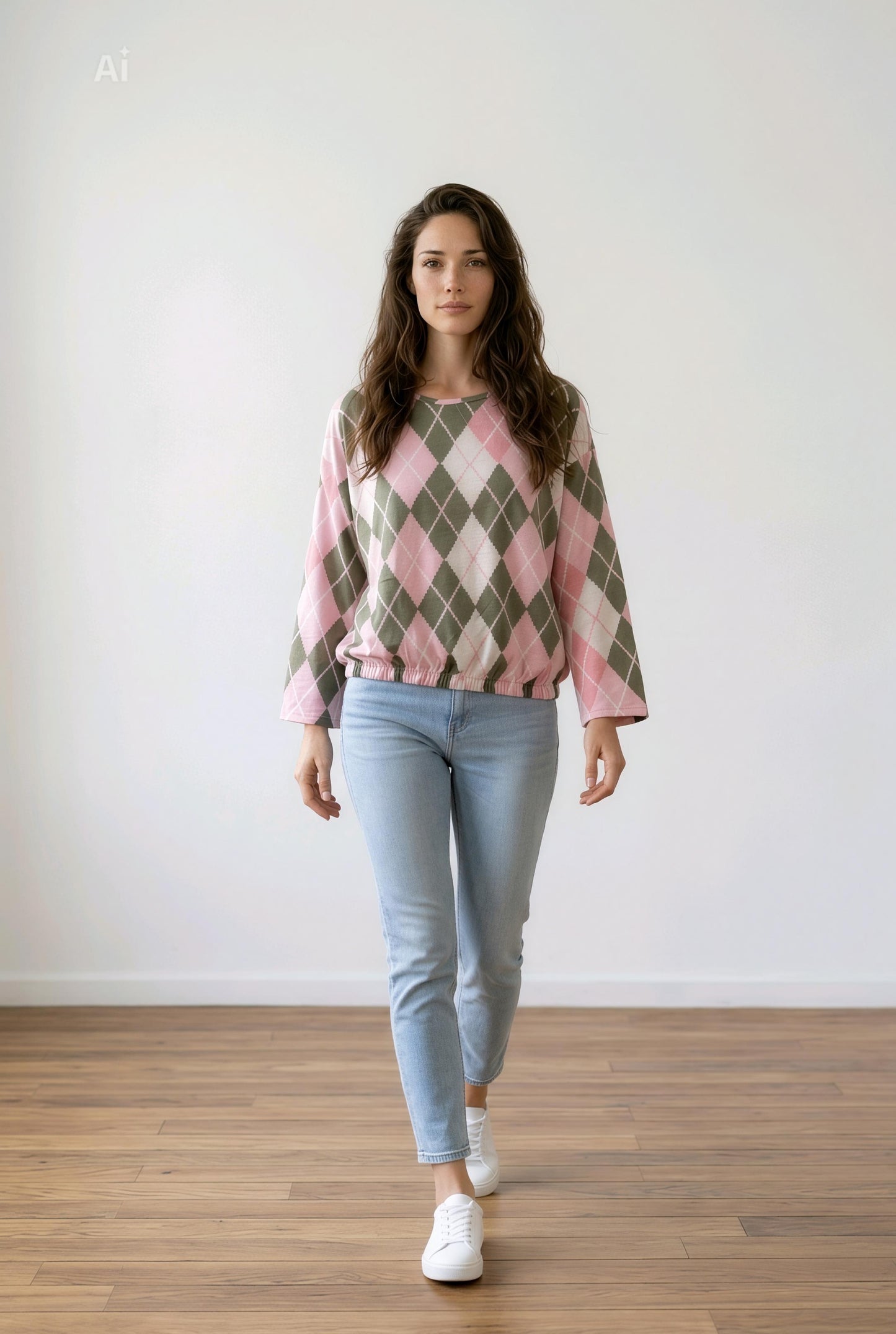 Свободна блуза с модерен геометричен принт и ластик в талията